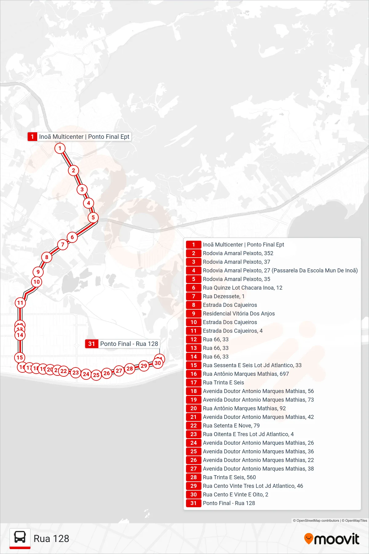 Rota e paradas da linha de ônibus E20 (Rua 128) no mapa