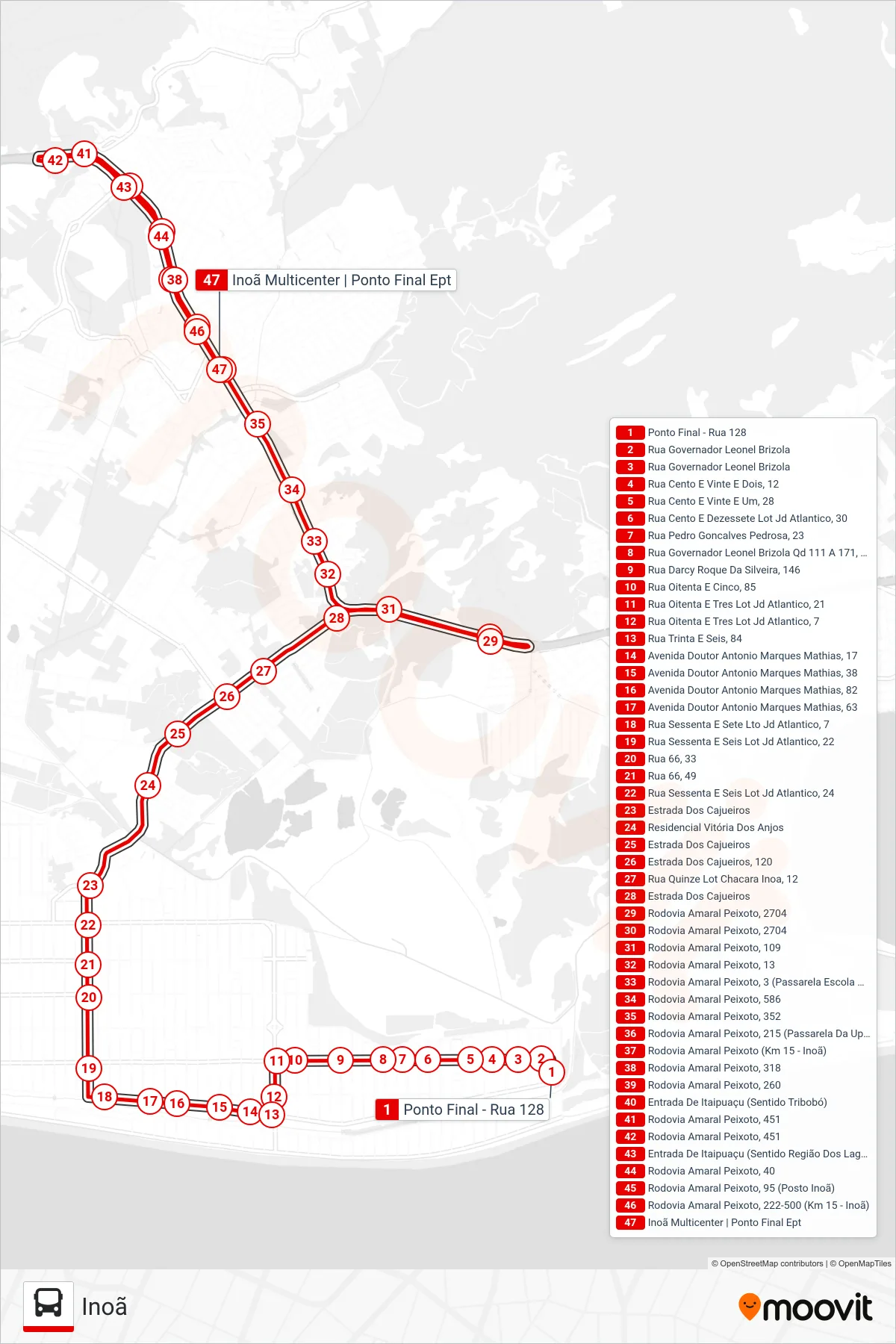 E20 bus Line (Inoã) route and stops on a map