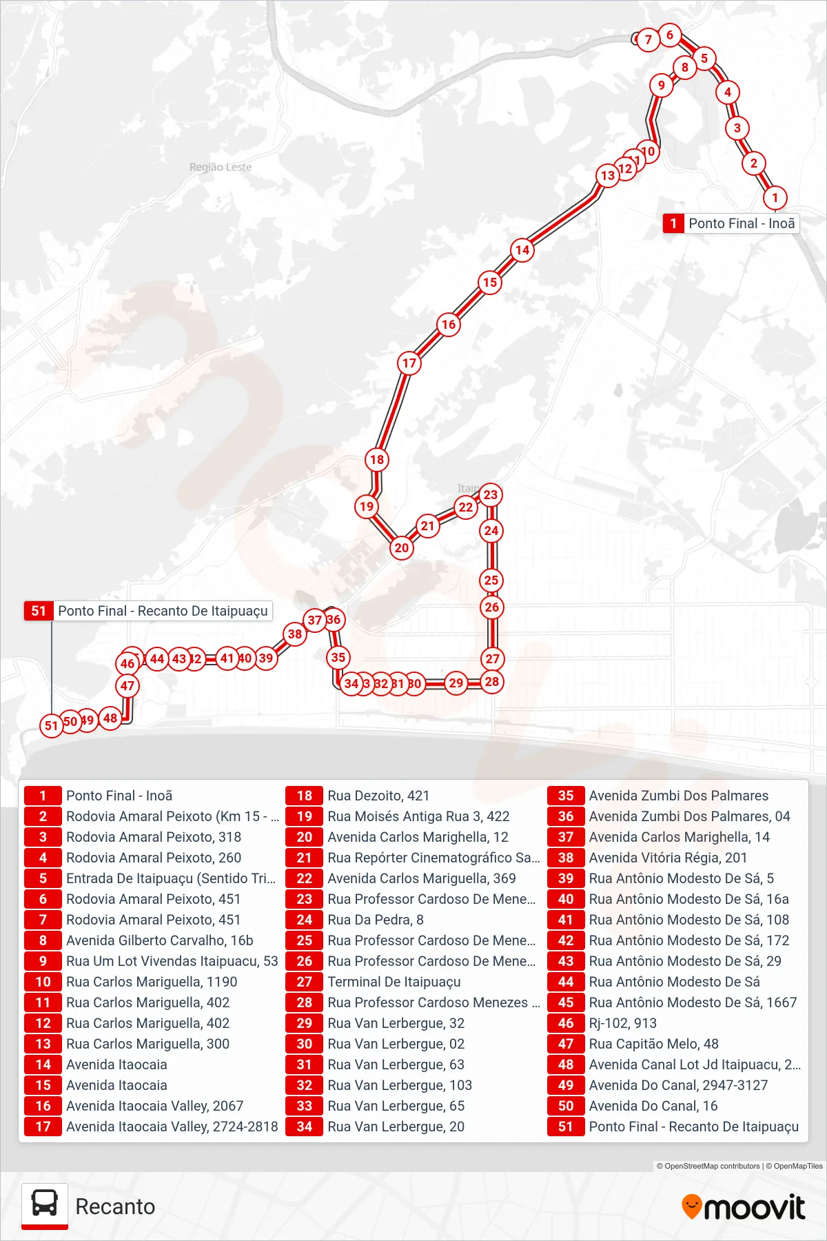 Rota e paradas da linha de ônibus E21 (Recanto) no mapa