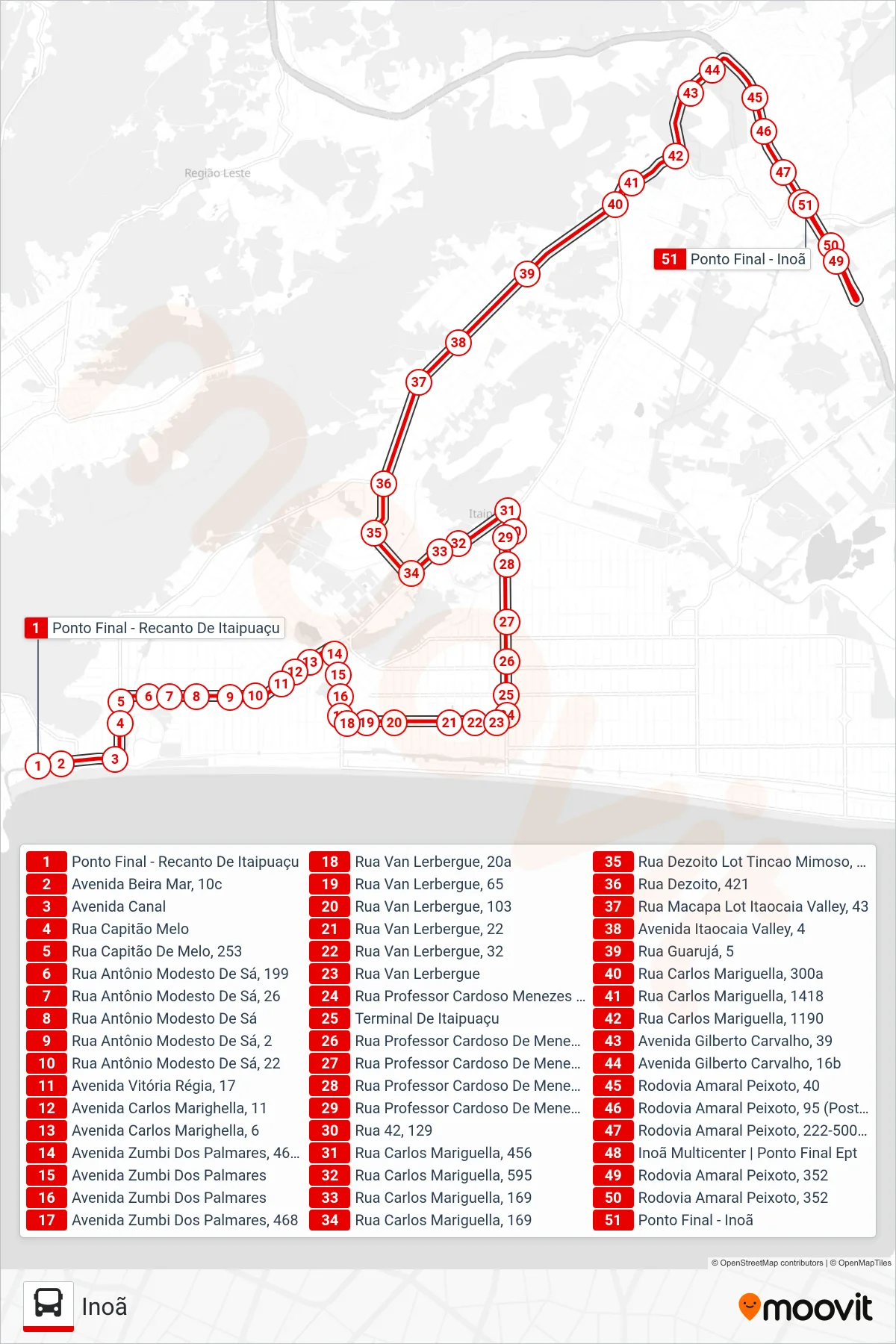 Rota e paradas da linha de ônibus E21 (Inoã) no mapa