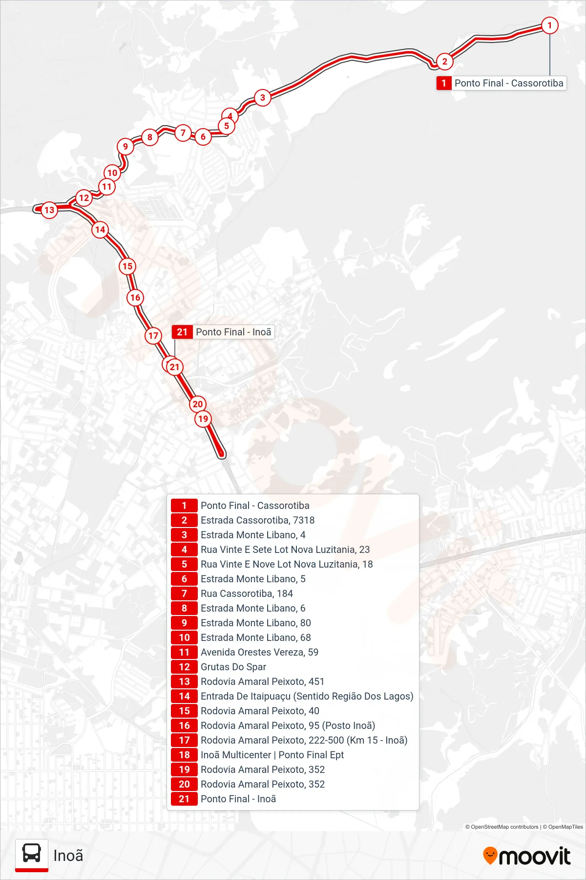 Rota e paradas da linha de ônibus E22 (Inoã) no mapa