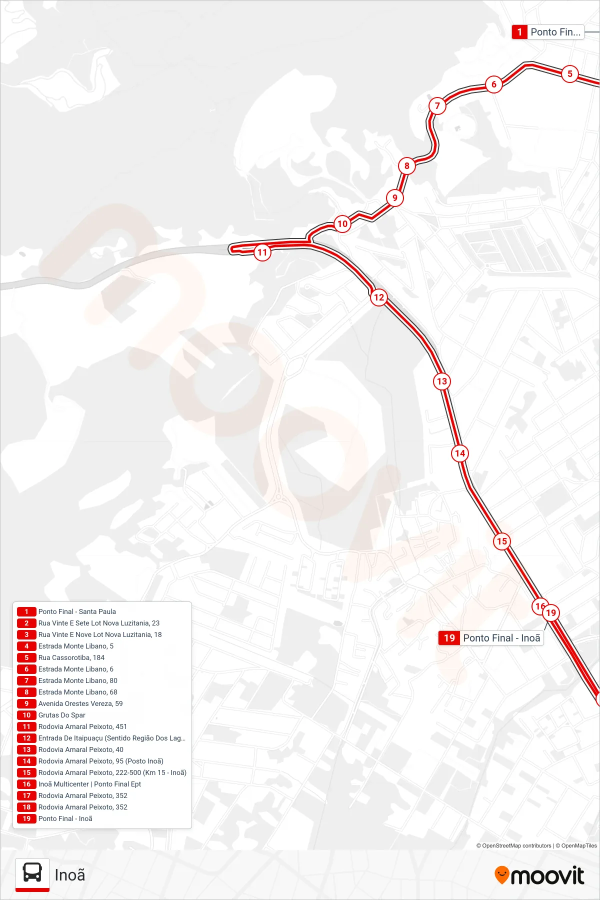 Rota e paradas da linha de ônibus E23 (Inoã) no mapa