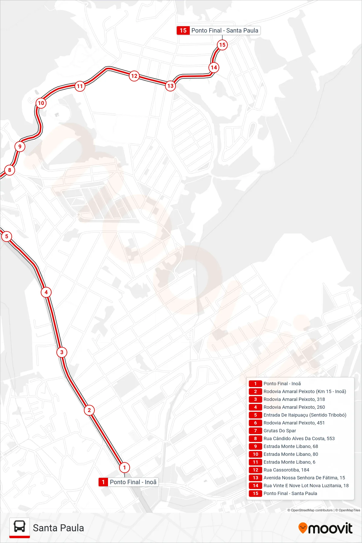 Rota e paradas da linha de ônibus E23 (Santa Paula) no mapa