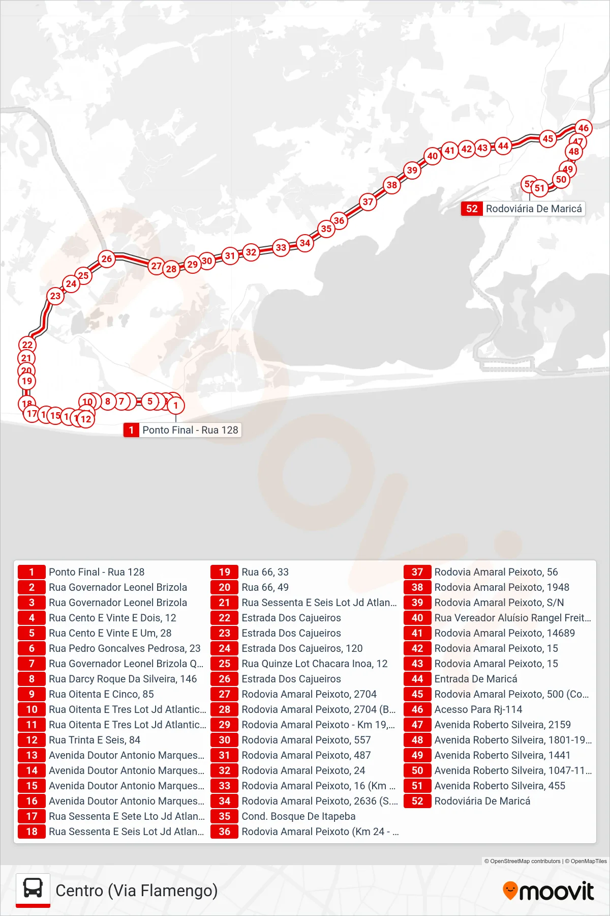 Rota e paradas da linha de ônibus  E31  (Centro (Via Flamengo)) no mapa