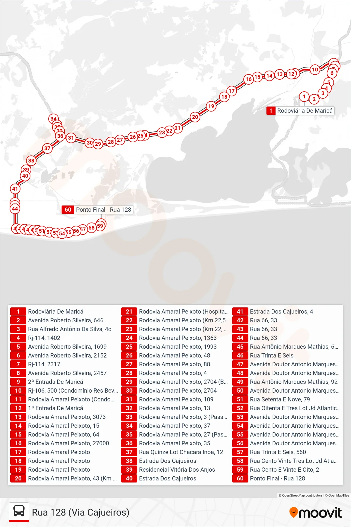 Rota e paradas da linha de ônibus  E31  (Rua 128 (Via Cajueiros)) no mapa