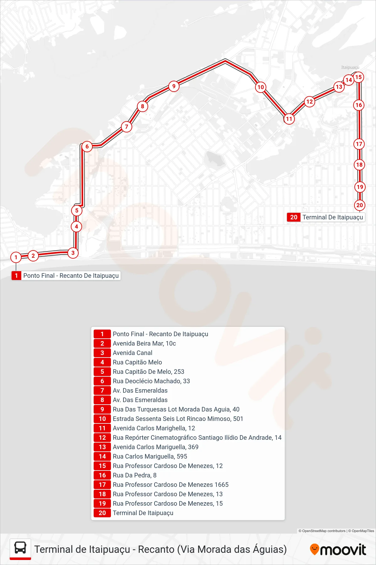 Rota e paradas da linha de ônibus E33 (Terminal De Itaipuaçu) no mapa
