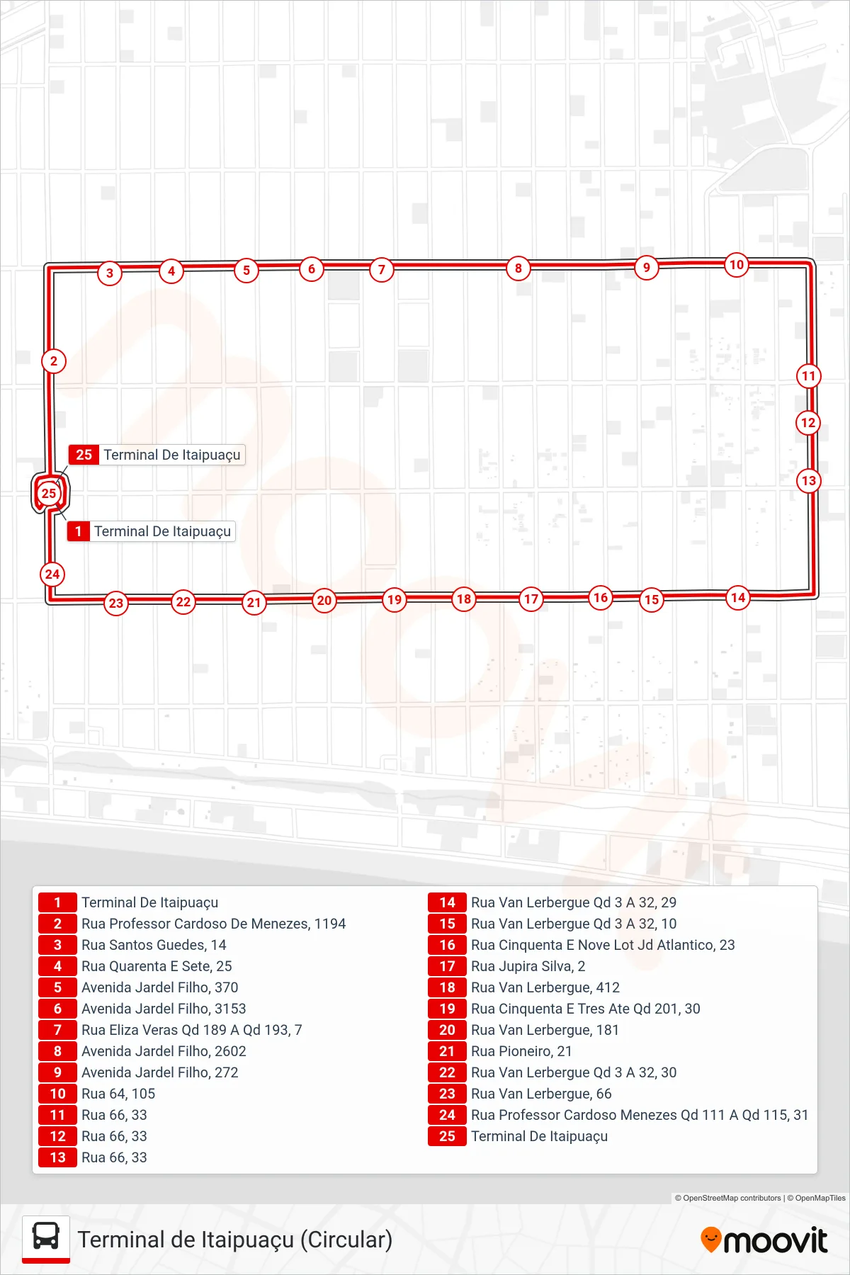 Rota e paradas da linha de ônibus E34 (Terminal De Itaipuaçu (Circular)) no mapa