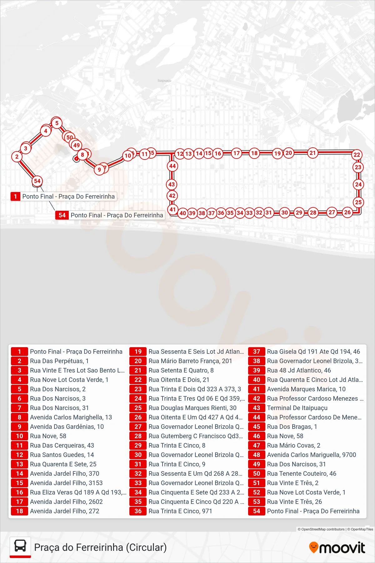 Rota e paradas da linha de ônibus E35 (Praça Do Ferreirinha ↔ Rua 83 (Circular)) no mapa