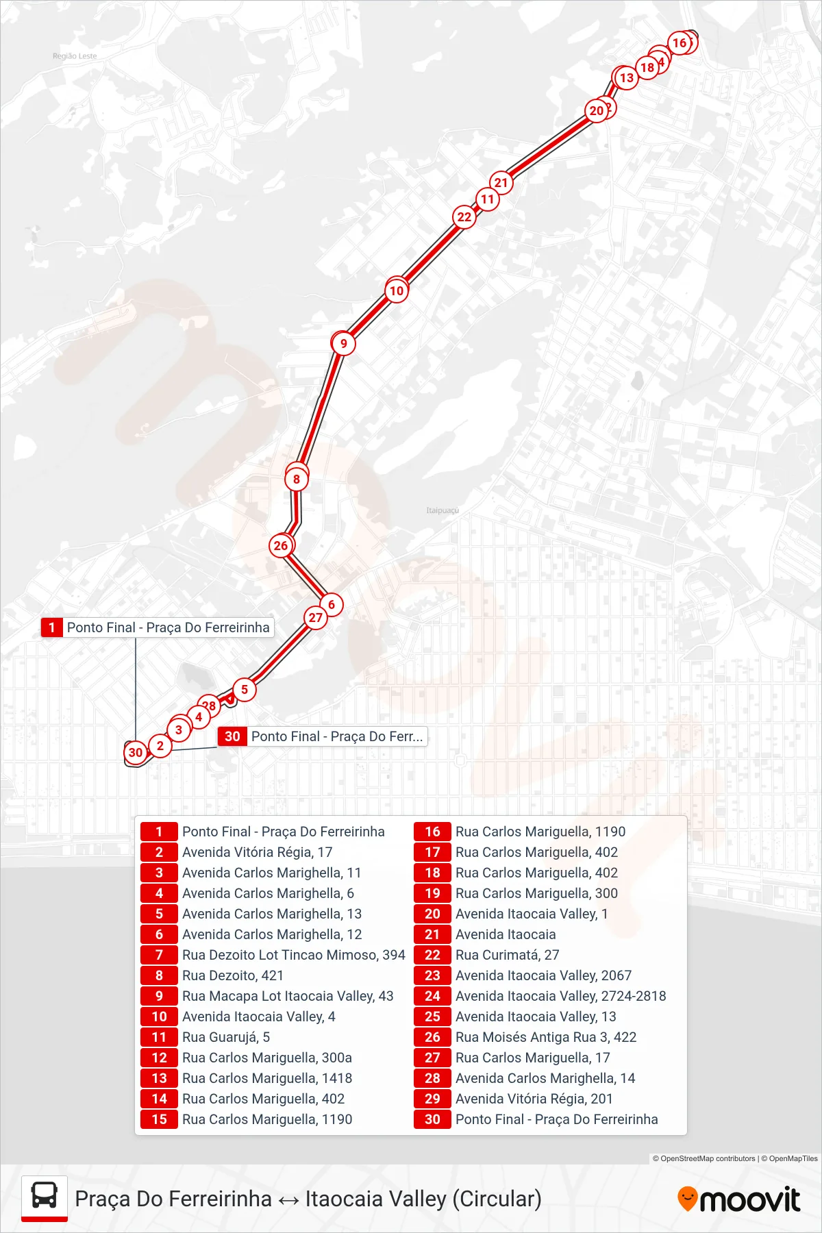 Rota e paradas da linha de ônibus E36 (Praça Do Ferreirinha ↔ Itaocaia Valley (Circular)) no mapa