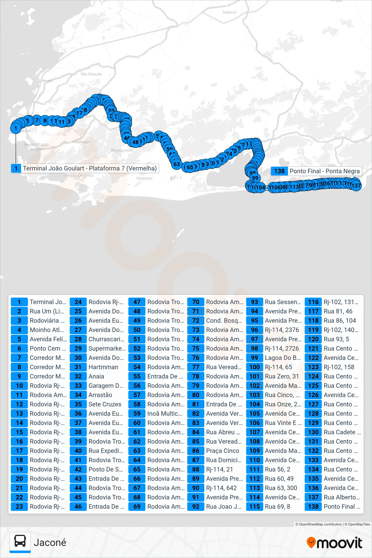 Rota e paradas da linha de ônibus 534R (Jaconé) no mapa