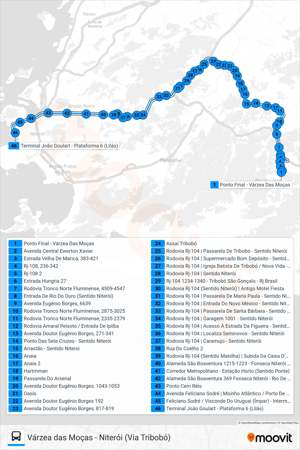 Rota e paradas da linha de ônibus 535R (Niterói) no mapa