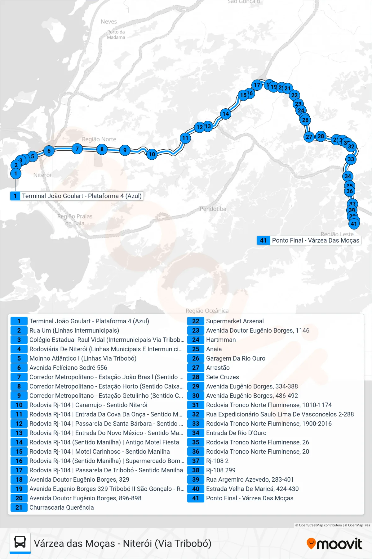 Rota e paradas da linha de ônibus 535R (Várzea Das Moças) no mapa