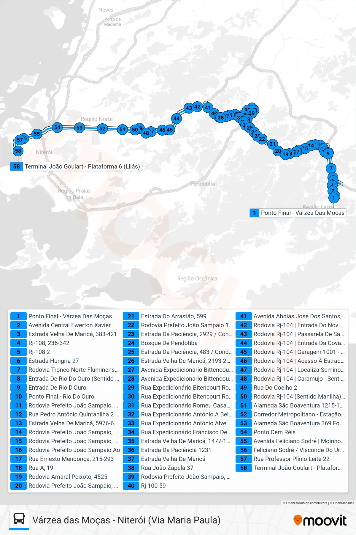 Rota e paradas da linha de ônibus 536R (Niterói) no mapa