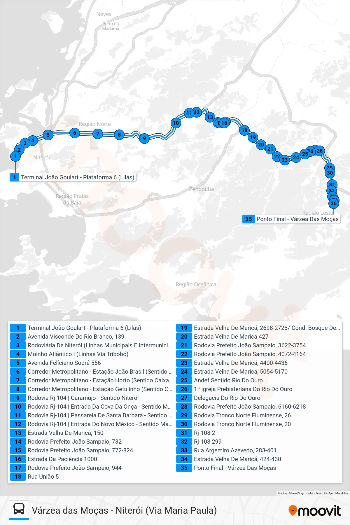 Rota e paradas da linha de ônibus 536R (Várzea Das Moças) no mapa