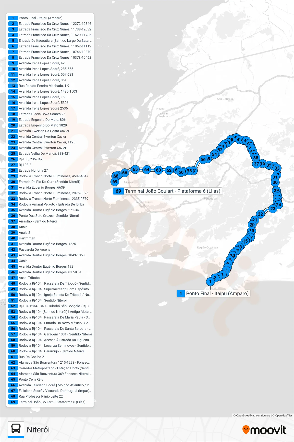Rota e paradas da linha de ônibus 537R (Niterói) no mapa