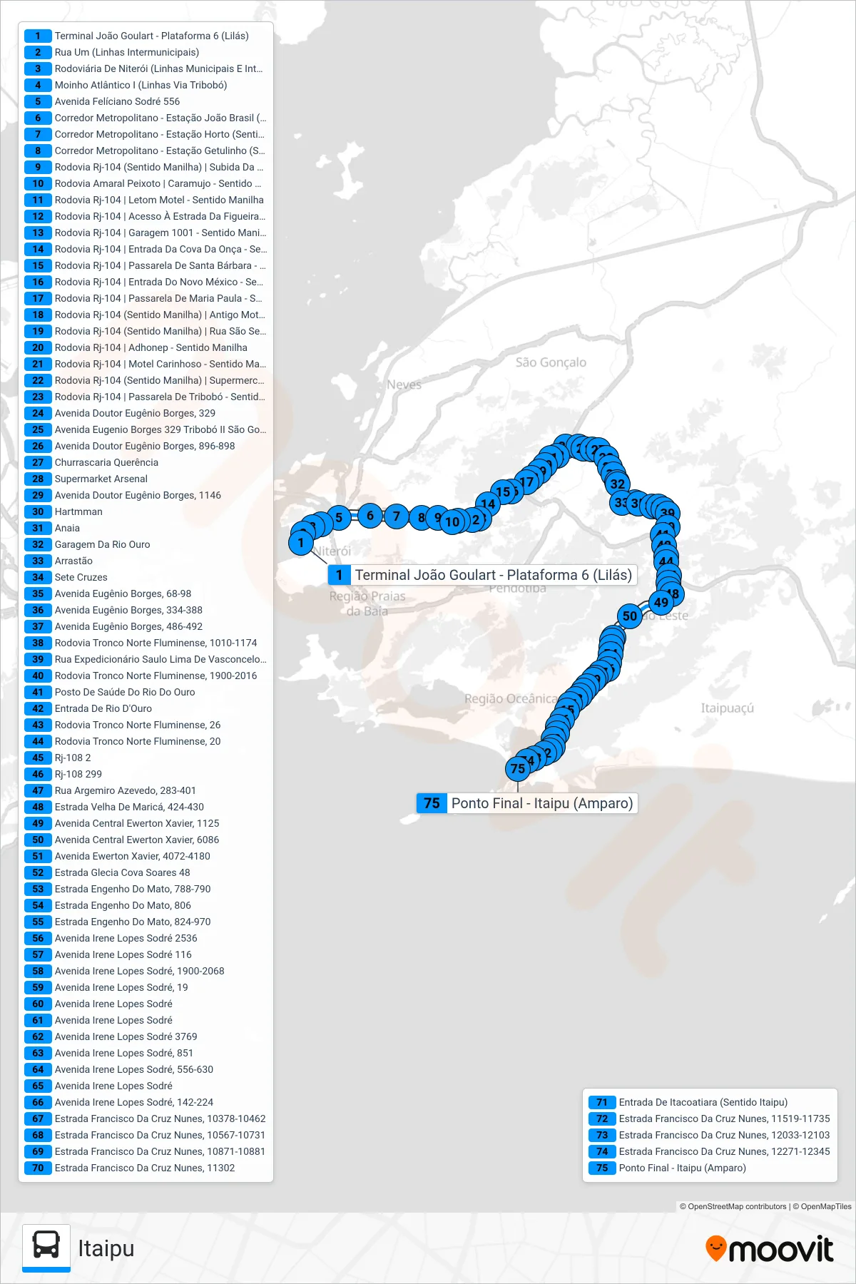 Rota e paradas da linha de ônibus 537R (Itaipu) no mapa
