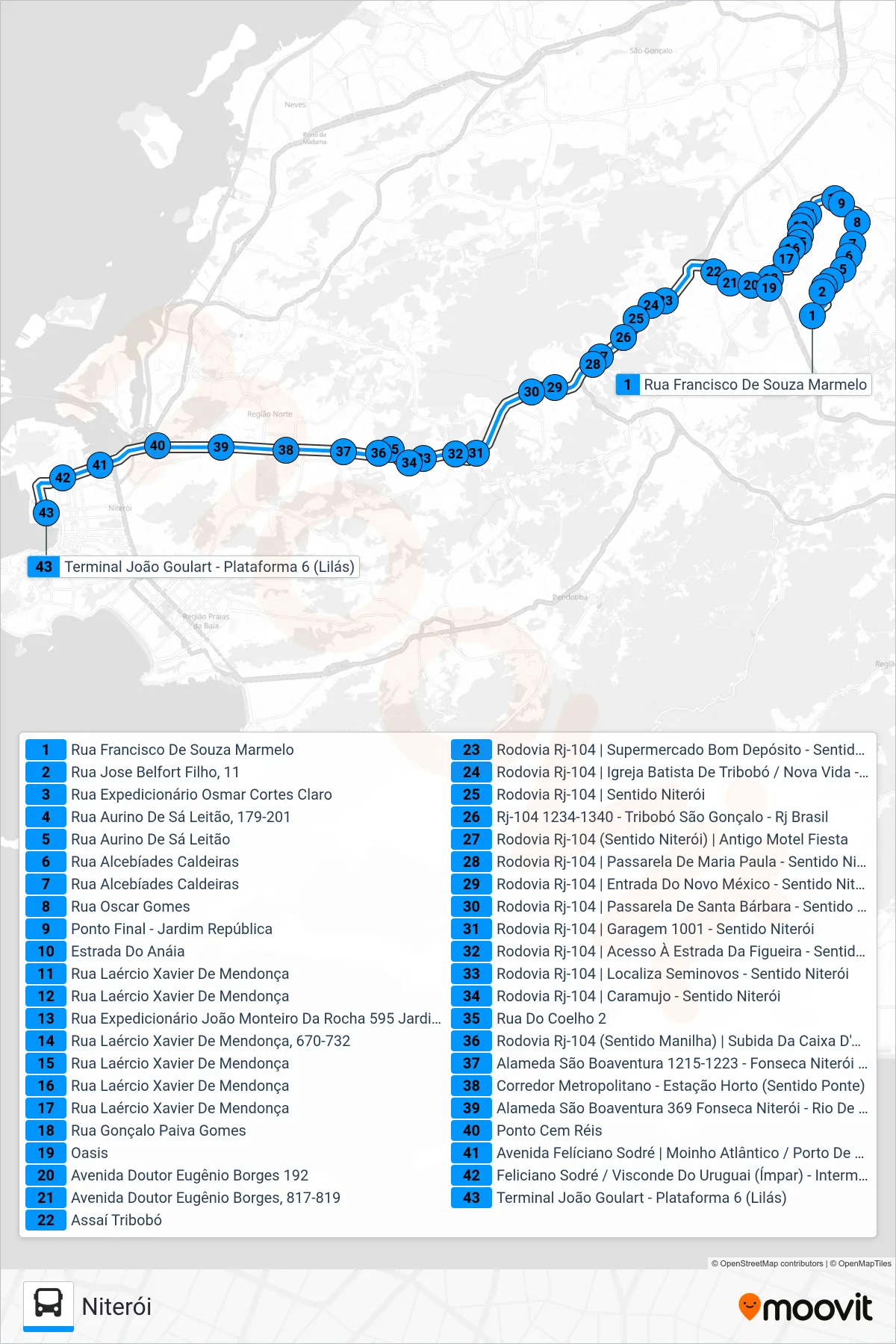 Rota e paradas da linha de ônibus 541R (Niterói) no mapa