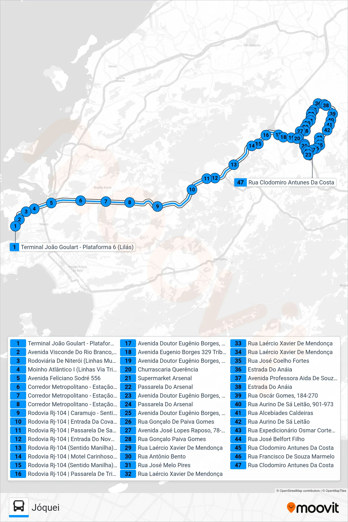 Rota e paradas da linha de ônibus  541R  (Jóquei) no mapa