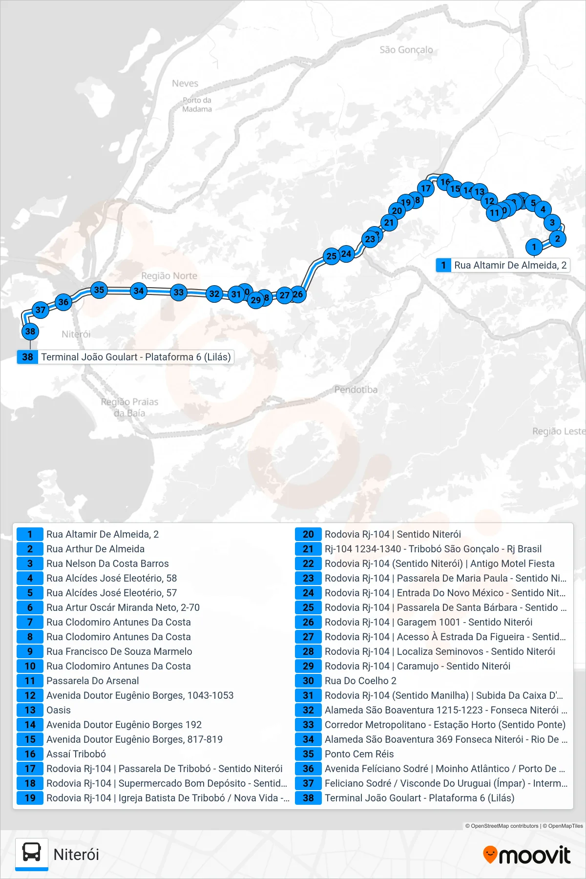 Rota e paradas da linha de ônibus 542R (Niterói) no mapa