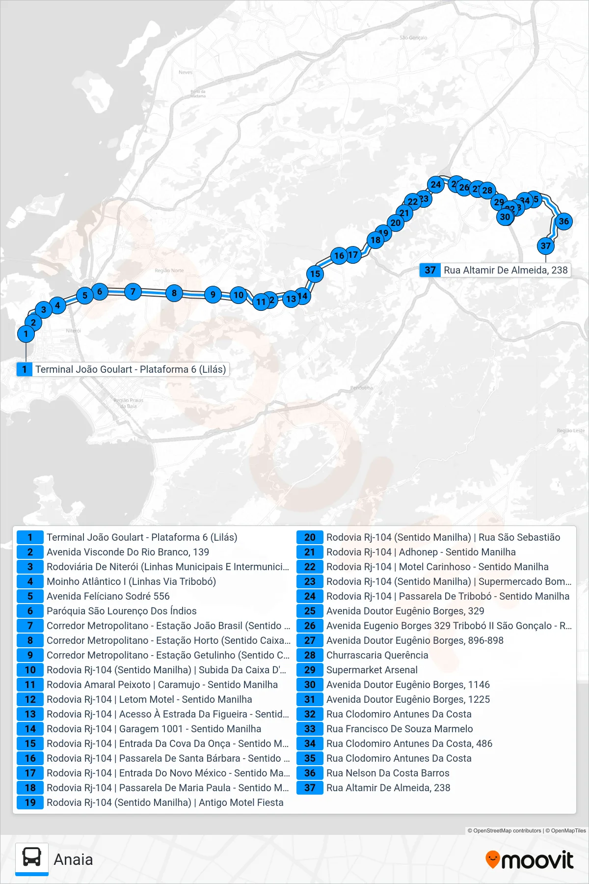 Rota e paradas da linha de ônibus 542R (Anaia) no mapa
