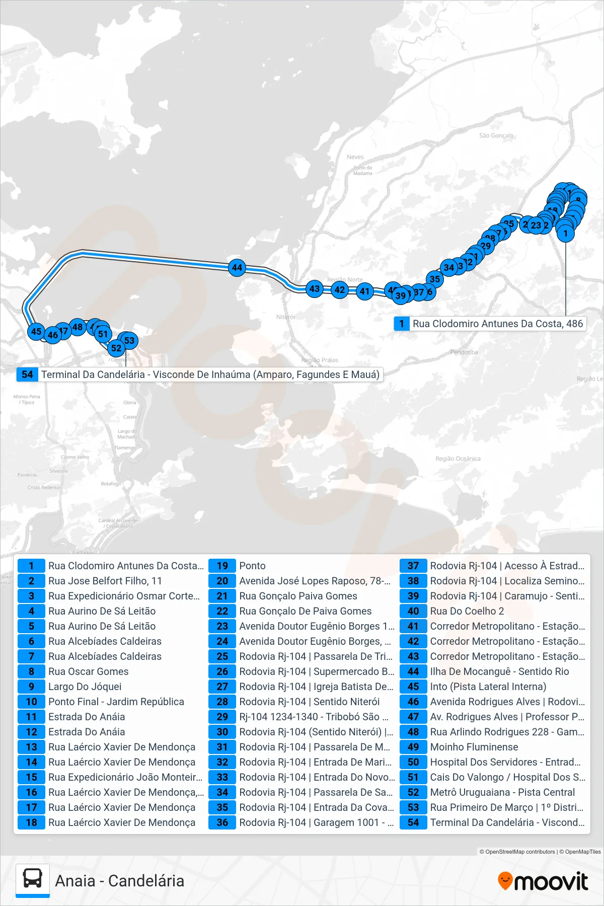 Rota e paradas da linha de ônibus 543D (Candelária) no mapa