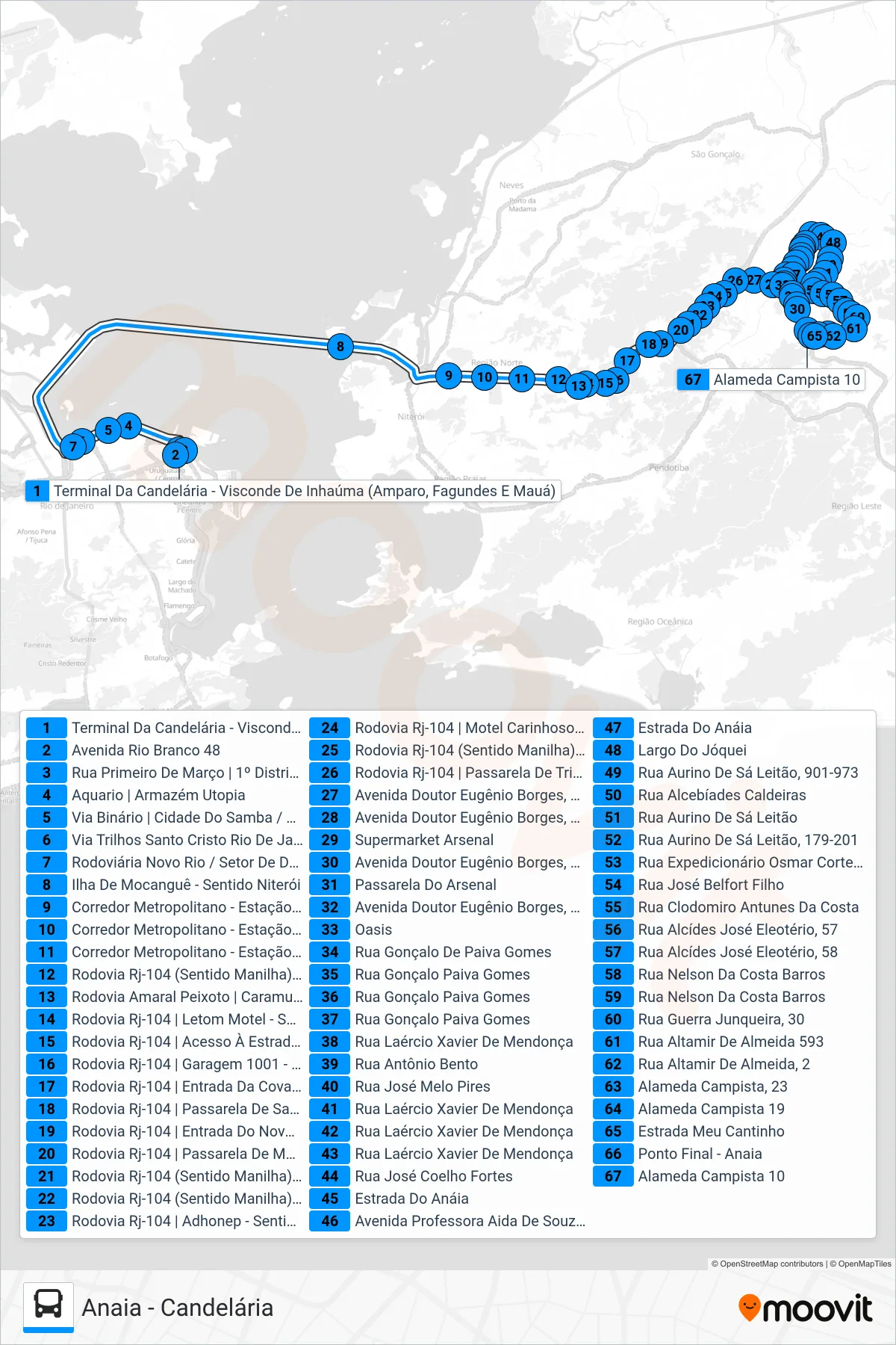 Rota e paradas da linha de ônibus 543D (Anaia) no mapa