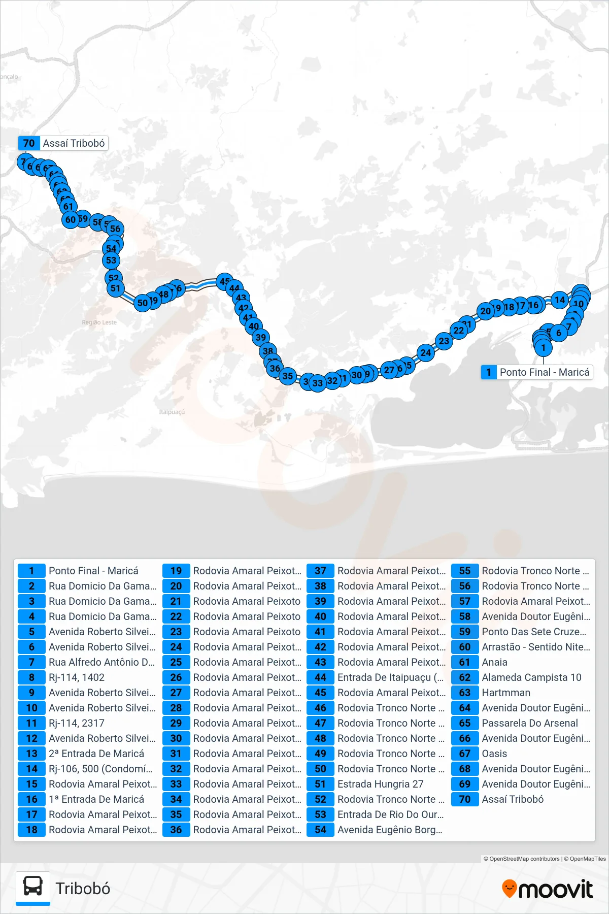 Rota e paradas da linha de ônibus 544R (Tribobó) no mapa