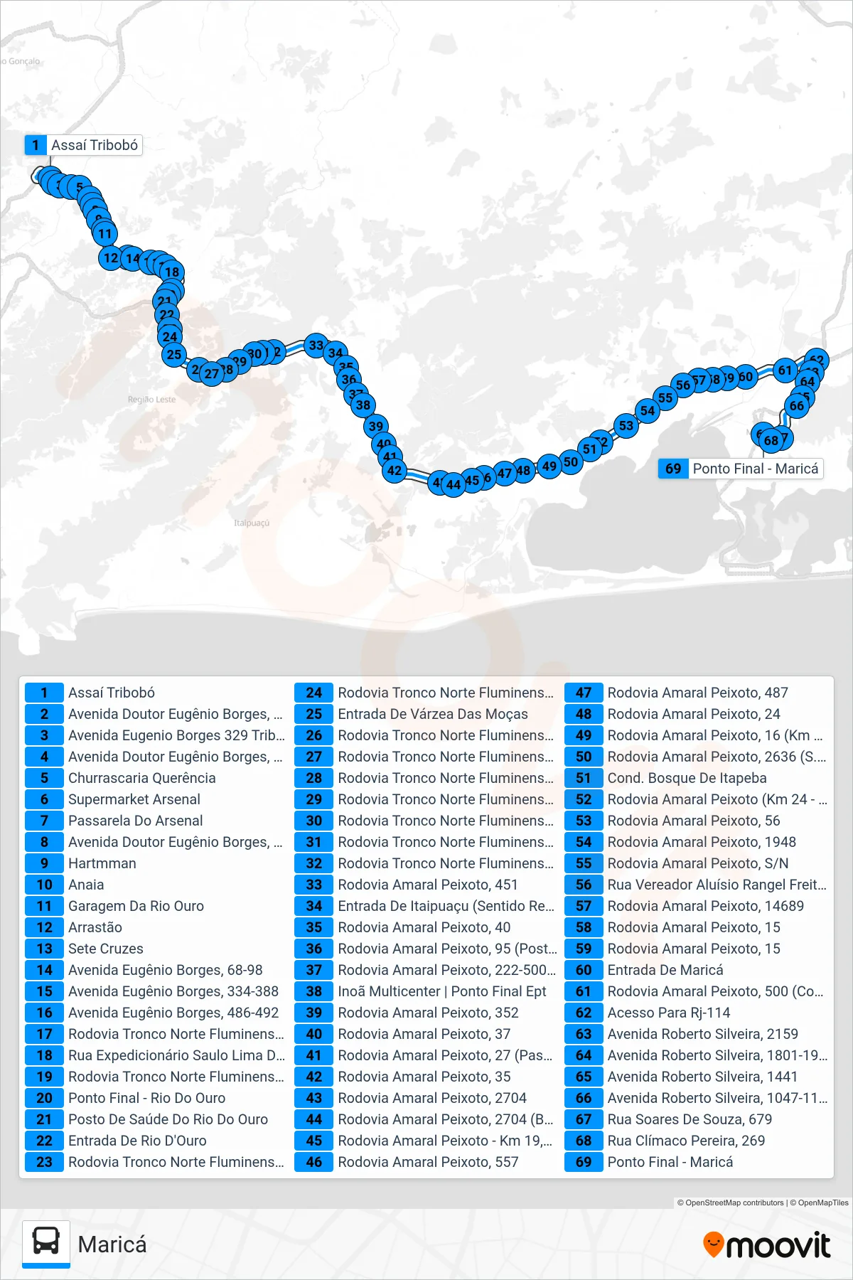 544R bus Line (Maricá) route and stops on a map