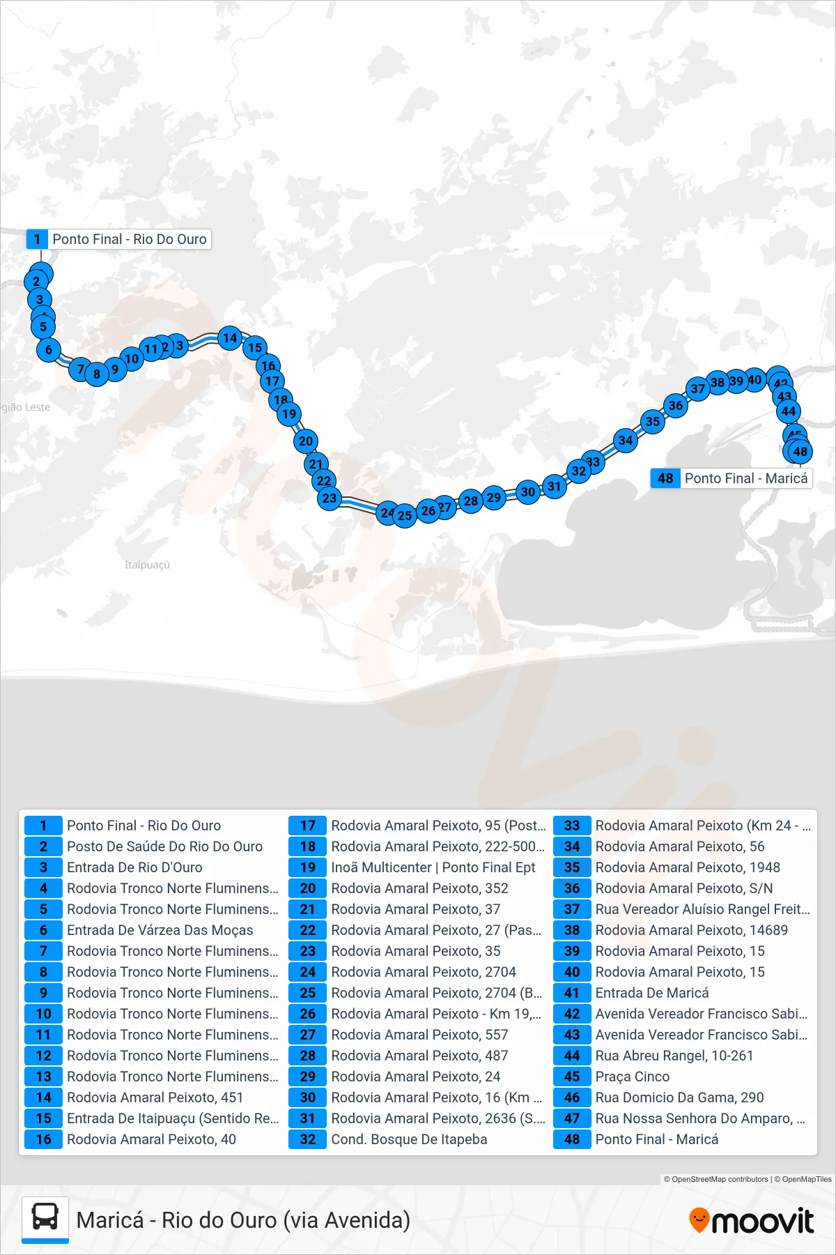 Rota e paradas da linha de ônibus 546R (Maricá) no mapa