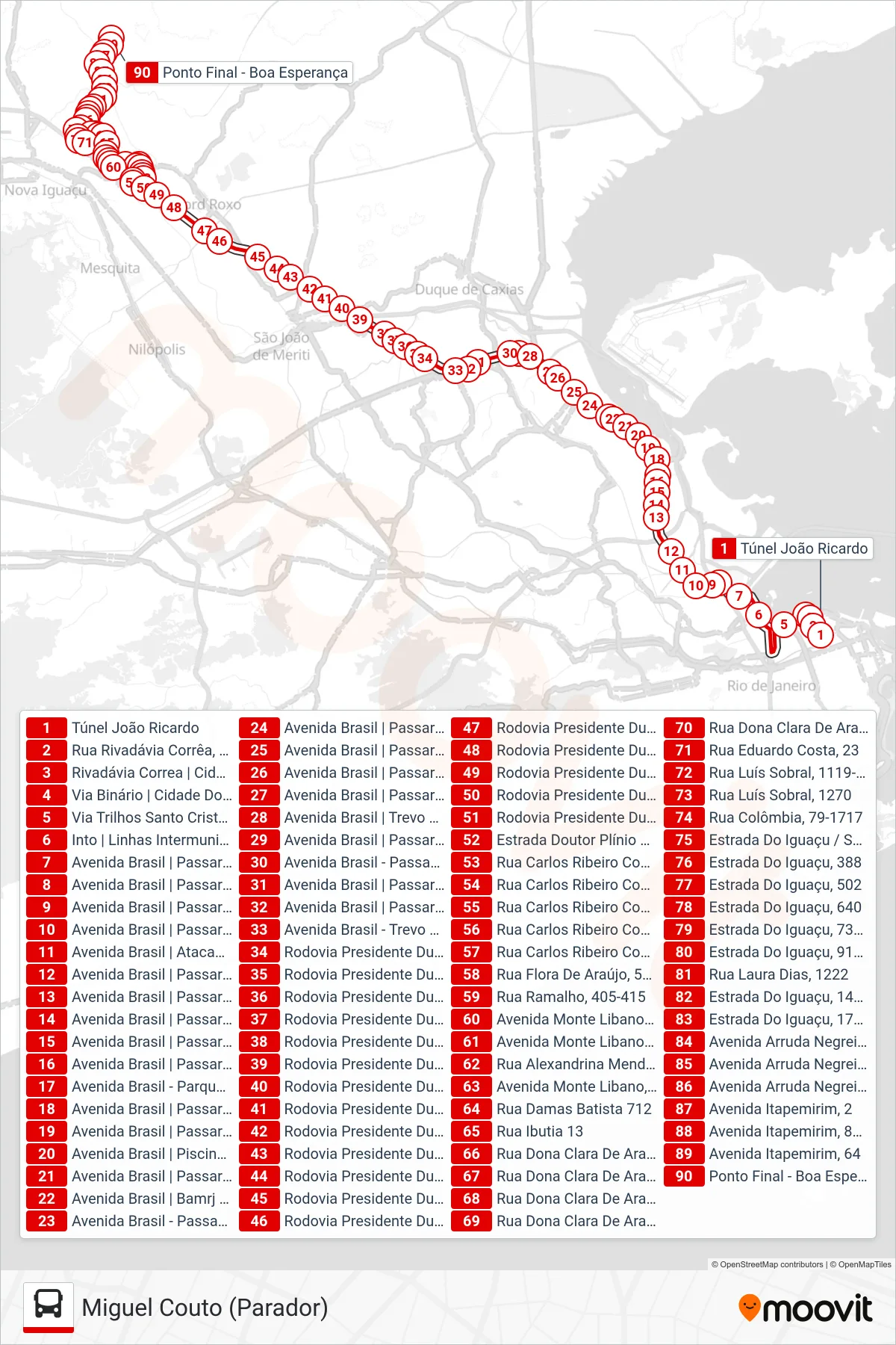 Rota e paradas da linha de ônibus 488B (Miguel Couto (Parador)) no mapa