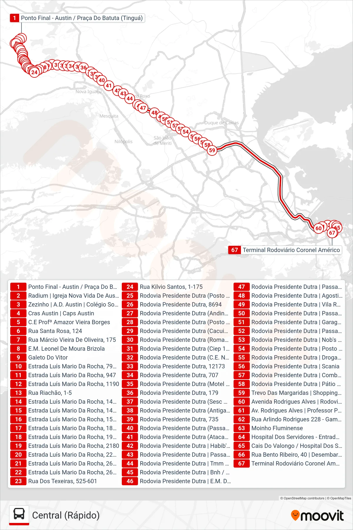 Rota e paradas da linha de ônibus 491B (Central (Rápido)) no mapa