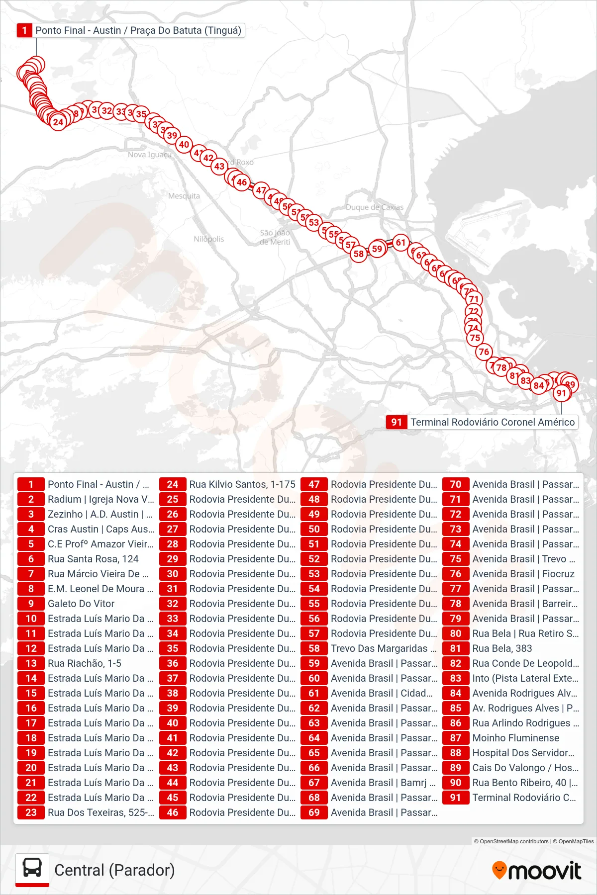 491B bus Line (Central (Parador)) route and stops on a map