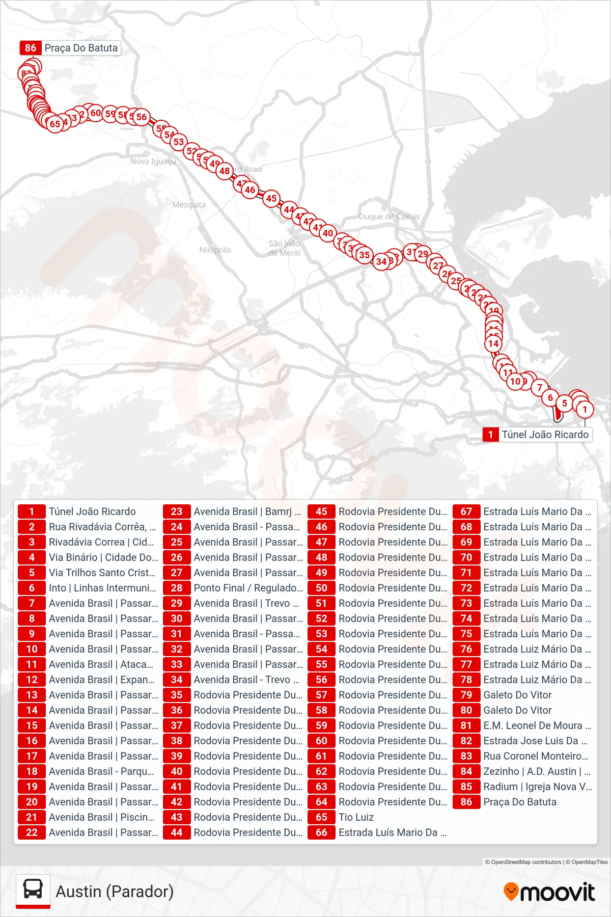 Rota e paradas da linha de ônibus 491B (Austin (Parador)) no mapa