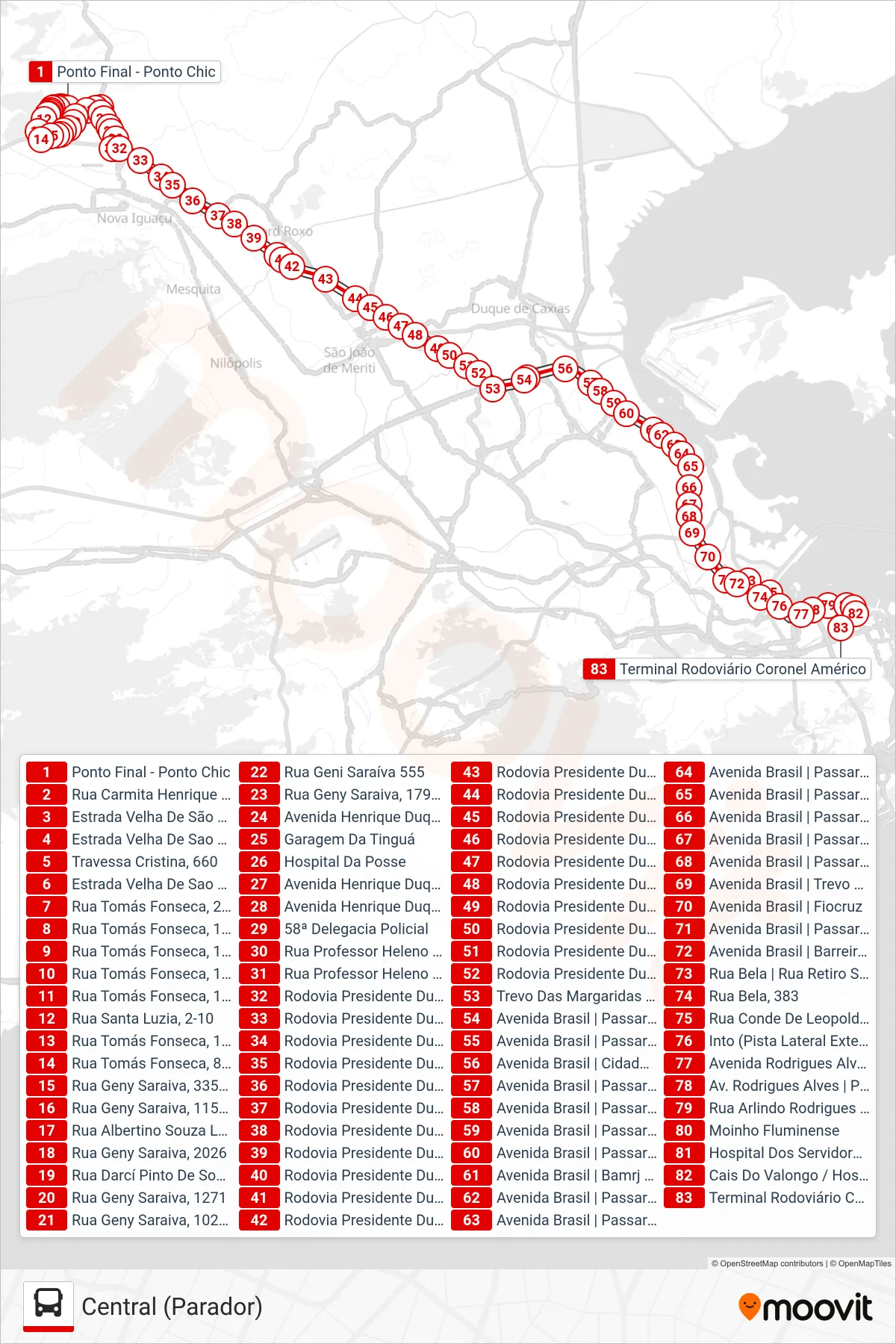 Rota e paradas da linha de ônibus  493B  (Central (Parador)) no mapa