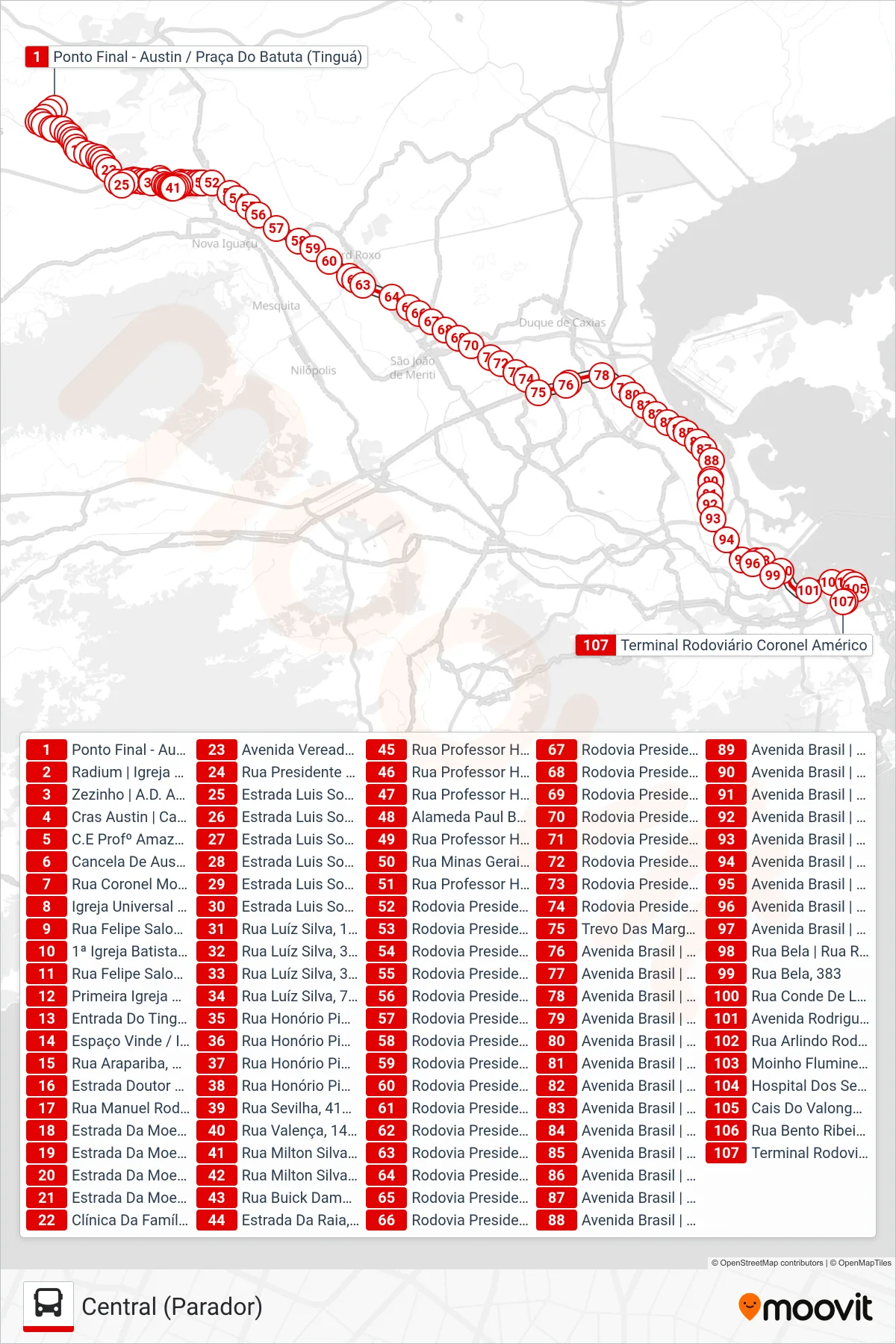 Rota e paradas da linha de ônibus 494B (Central (Parador)) no mapa