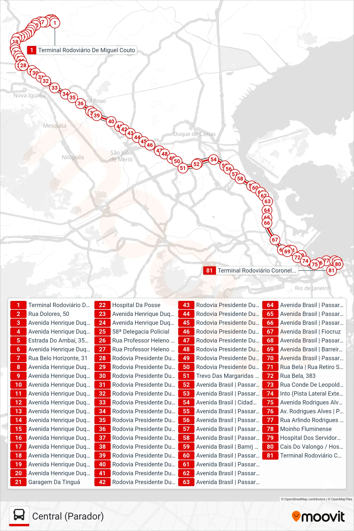 Rota e paradas da linha de ônibus 497B (Central (Parador)) no mapa