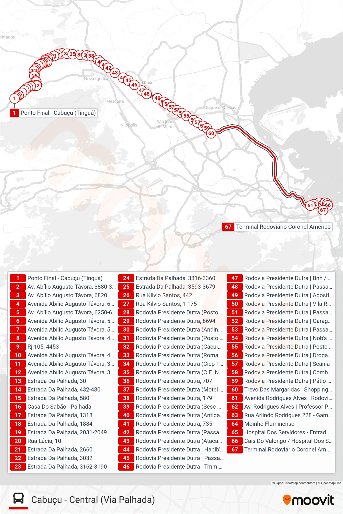 Rota e paradas da linha de ônibus 499B (Central (Rápido)) no mapa