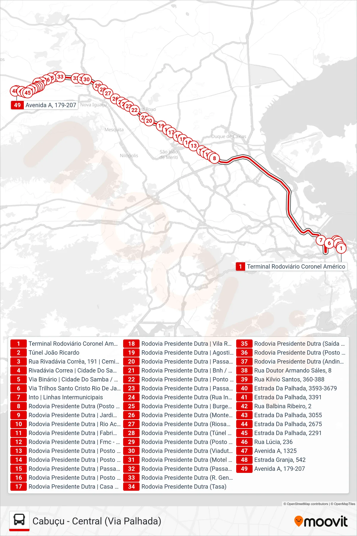 Rota e paradas da linha de ônibus 499B (Parque Das Palmeiras (Rápido)) no mapa
