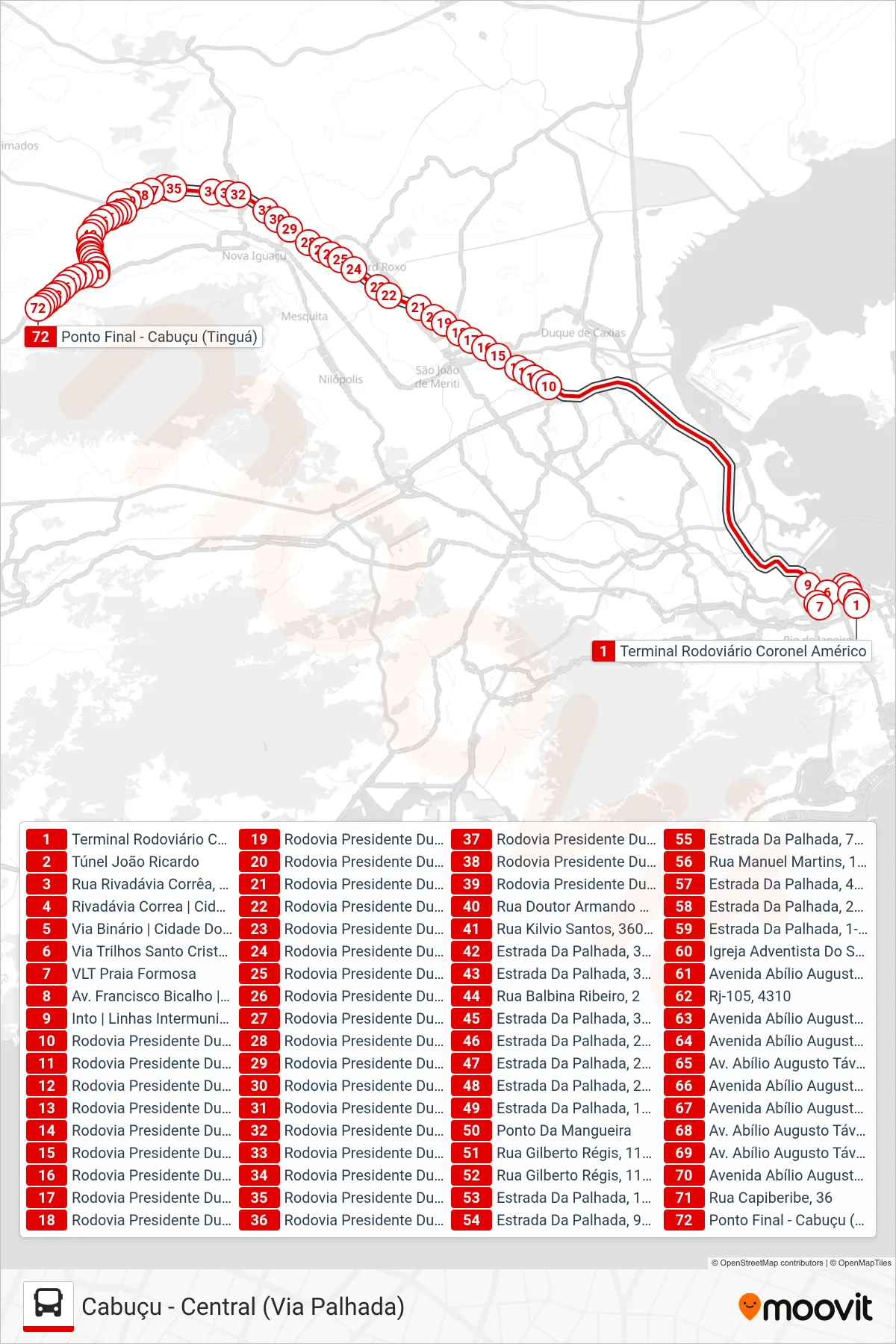 Rota e paradas da linha de ônibus 499B (Cabuçu (Rápido)) no mapa