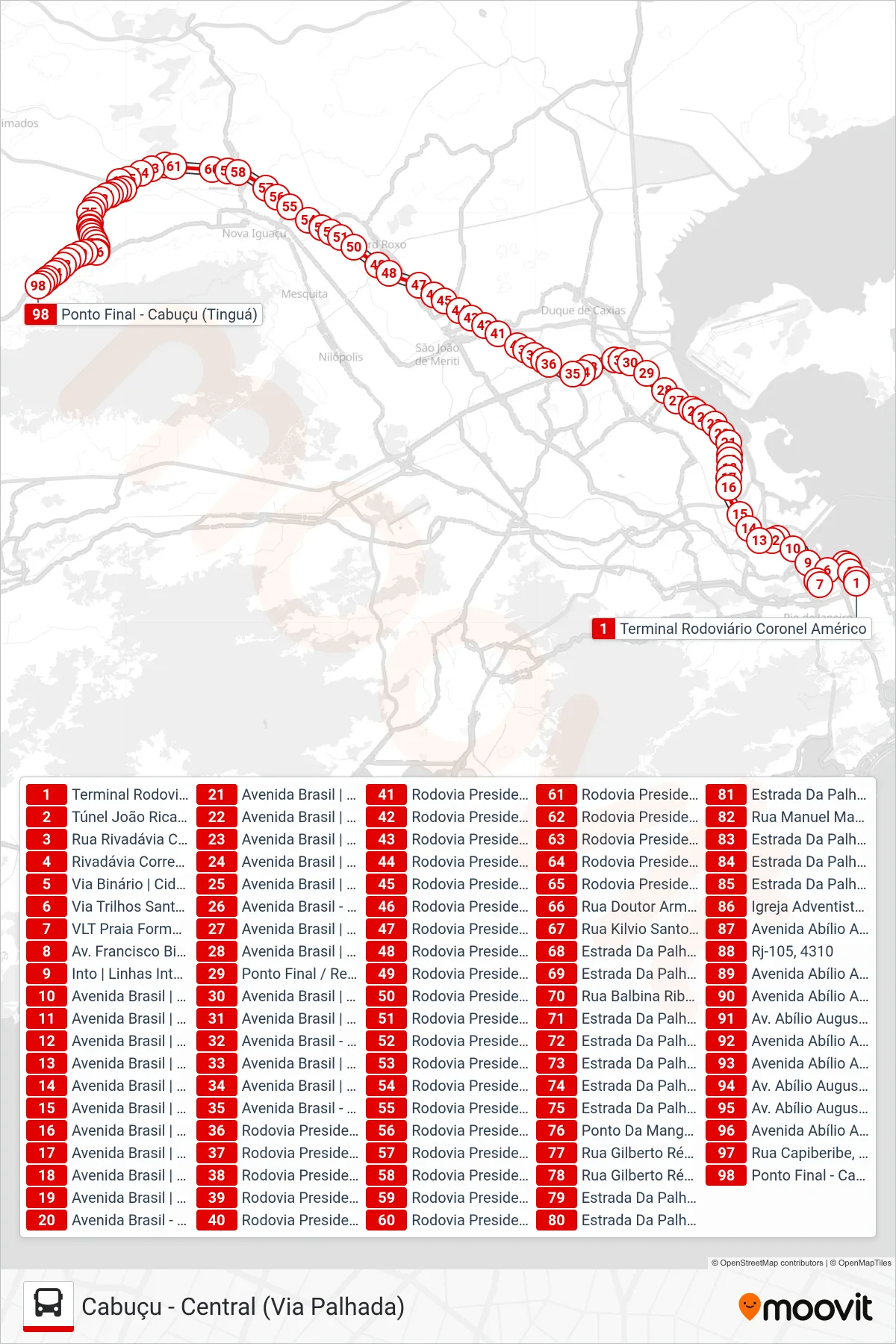 Rota e paradas da linha de ônibus 499B (Cabuçu (Parador)) no mapa