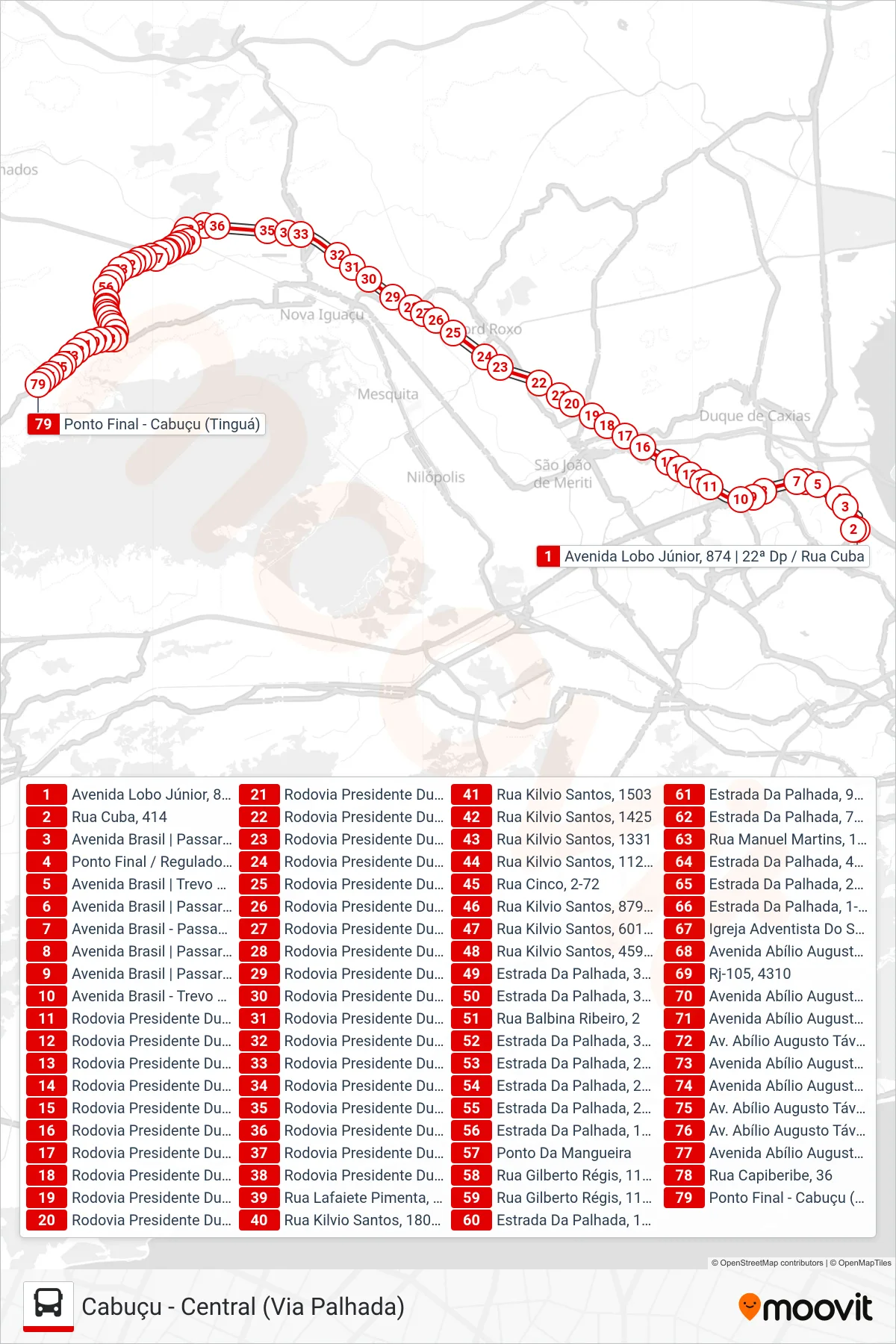 Rota e paradas da linha de ônibus 499B (Cabuçu (Parador - Saída Da Penha)) no mapa