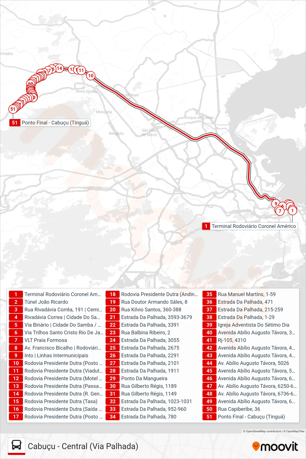 Rota e paradas da linha de ônibus 499B (Cabuçu (Expresso)) no mapa