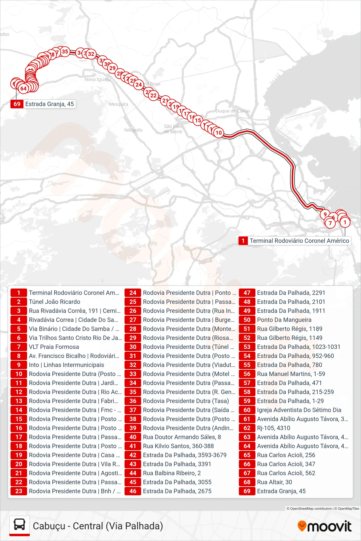 Rota e paradas da linha de ônibus 499B (Jardim Laranjeiras (Rápido)) no mapa