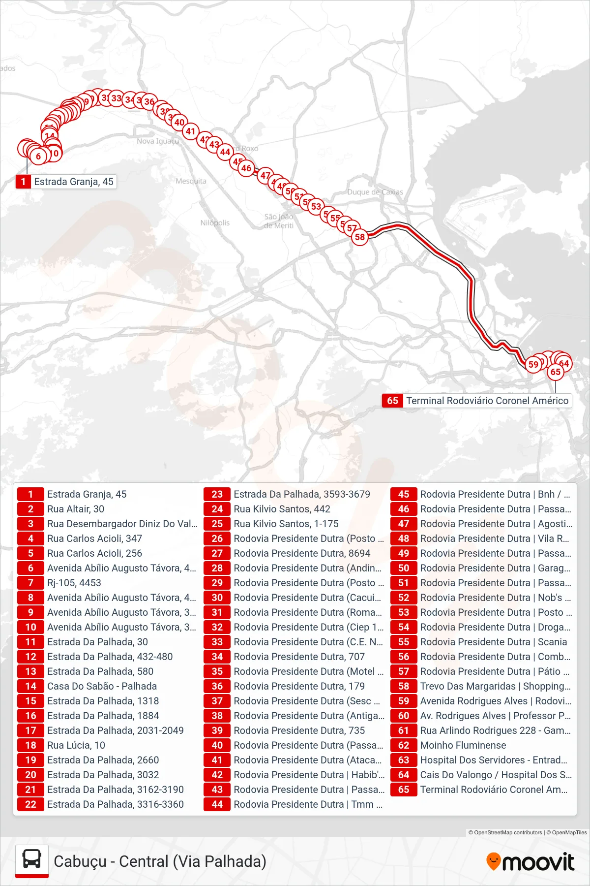Rota e paradas da linha de ônibus 499B (Central (Rápido - Jardim Laranjeiras)) no mapa