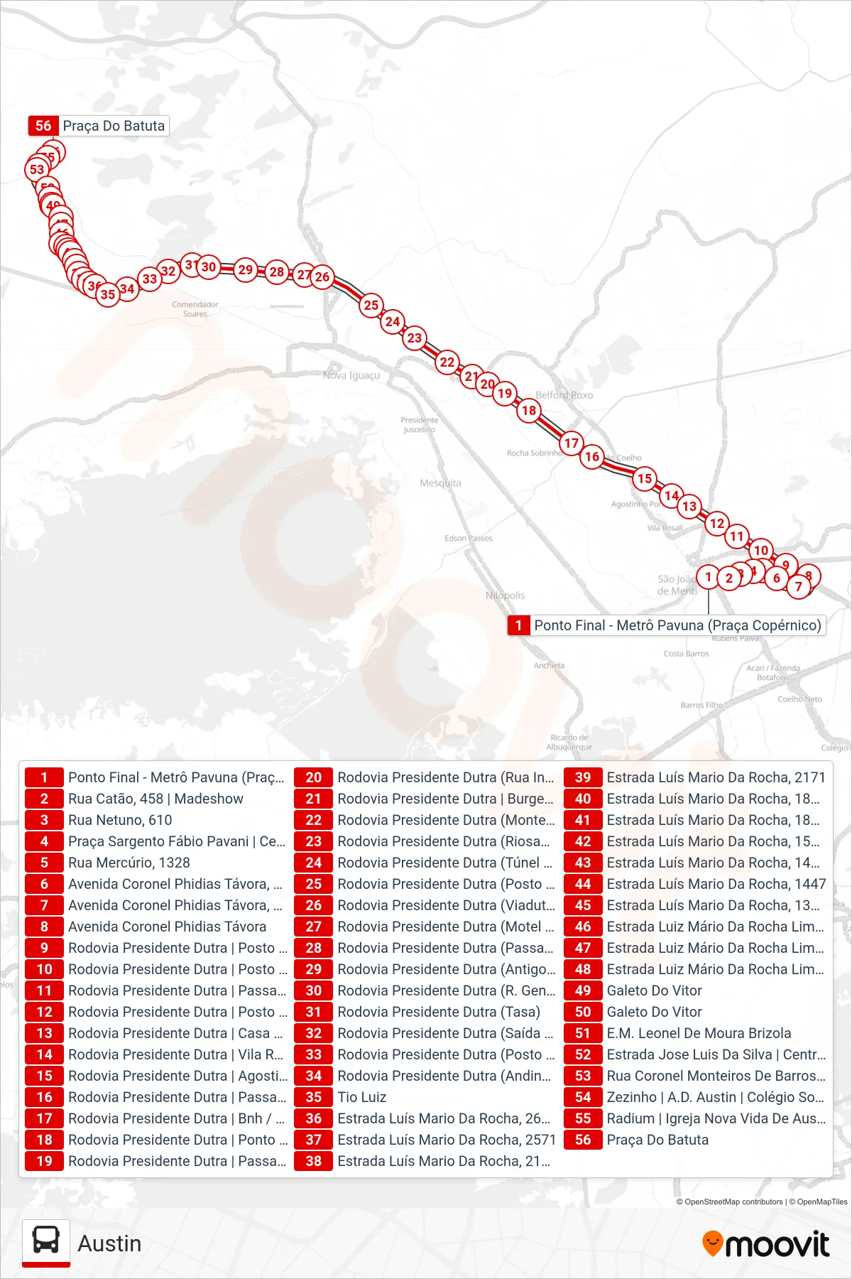 Rota e paradas da linha de ônibus 702B (Austin) no mapa