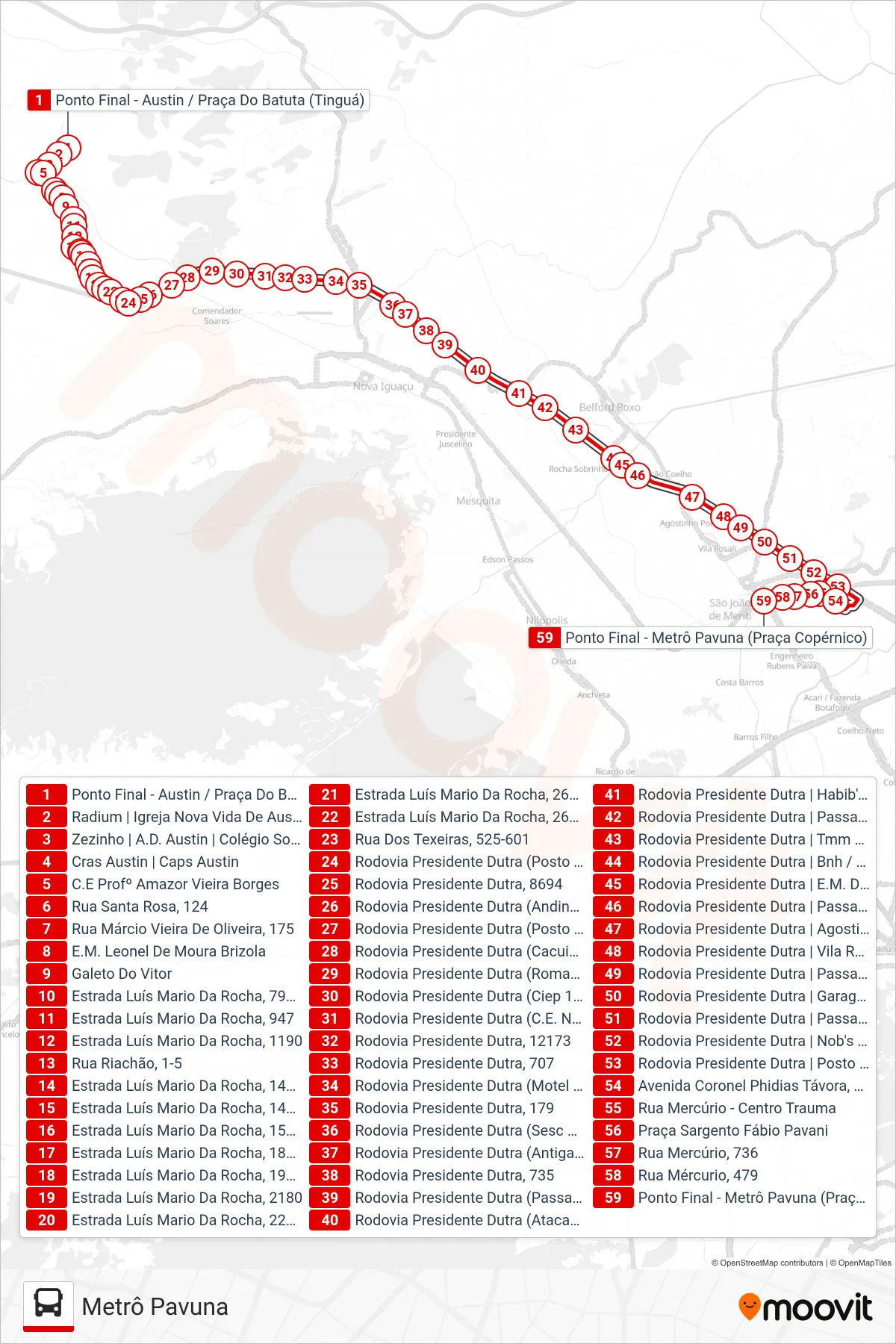 Rota e paradas da linha de ônibus 702B (Metrô Pavuna) no mapa