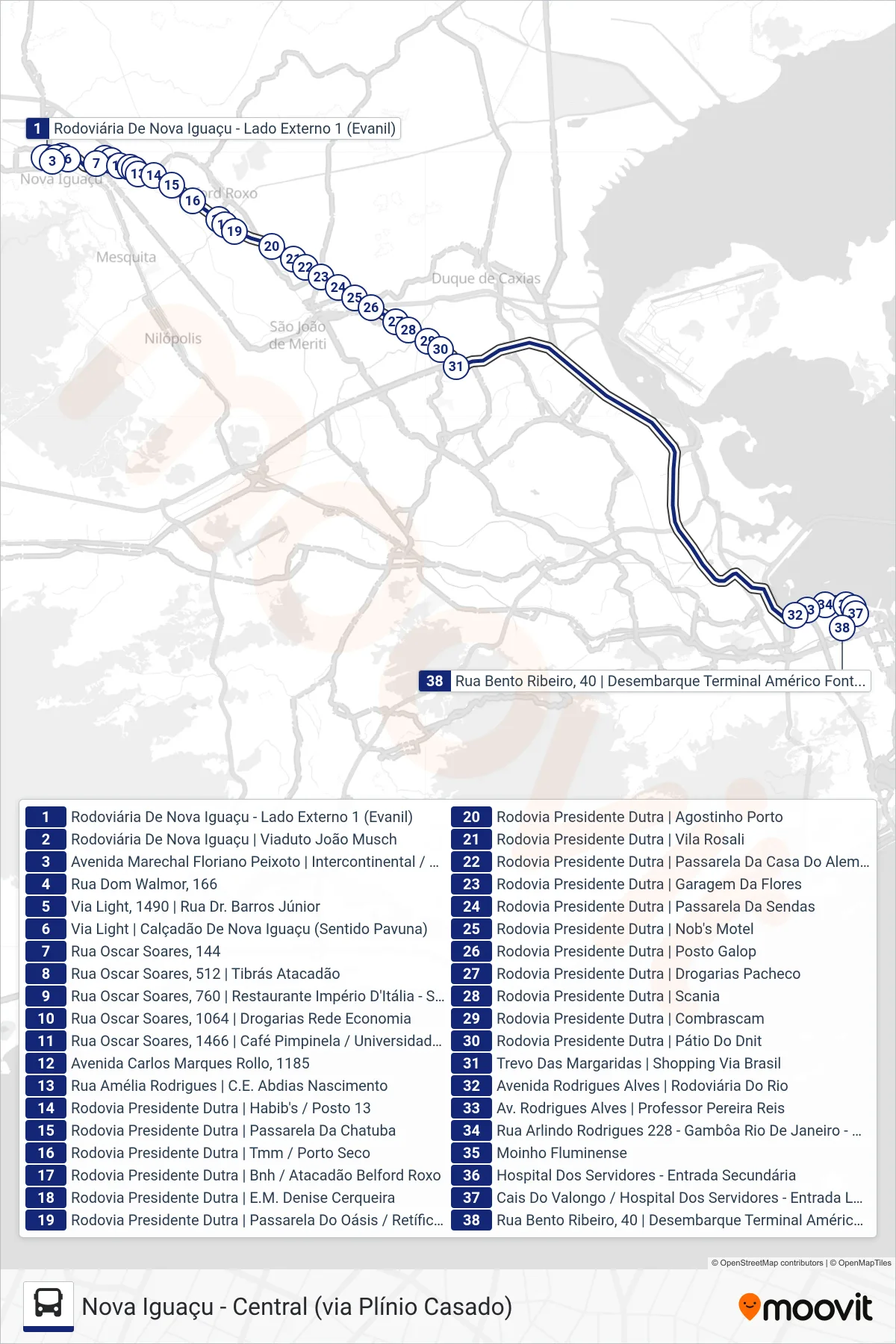 Rota e paradas da linha de ônibus  113B  (Central (Rápido)) no mapa