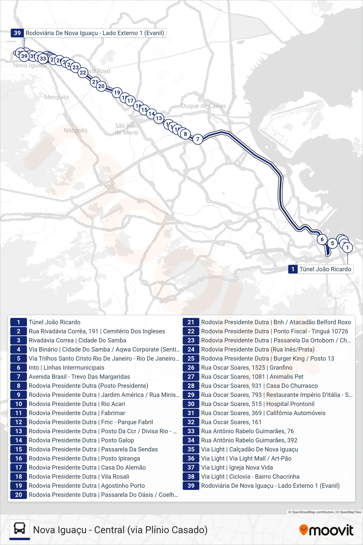 Rota e paradas da linha de ônibus  113B  (Nova Iguaçu (Rápido)) no mapa