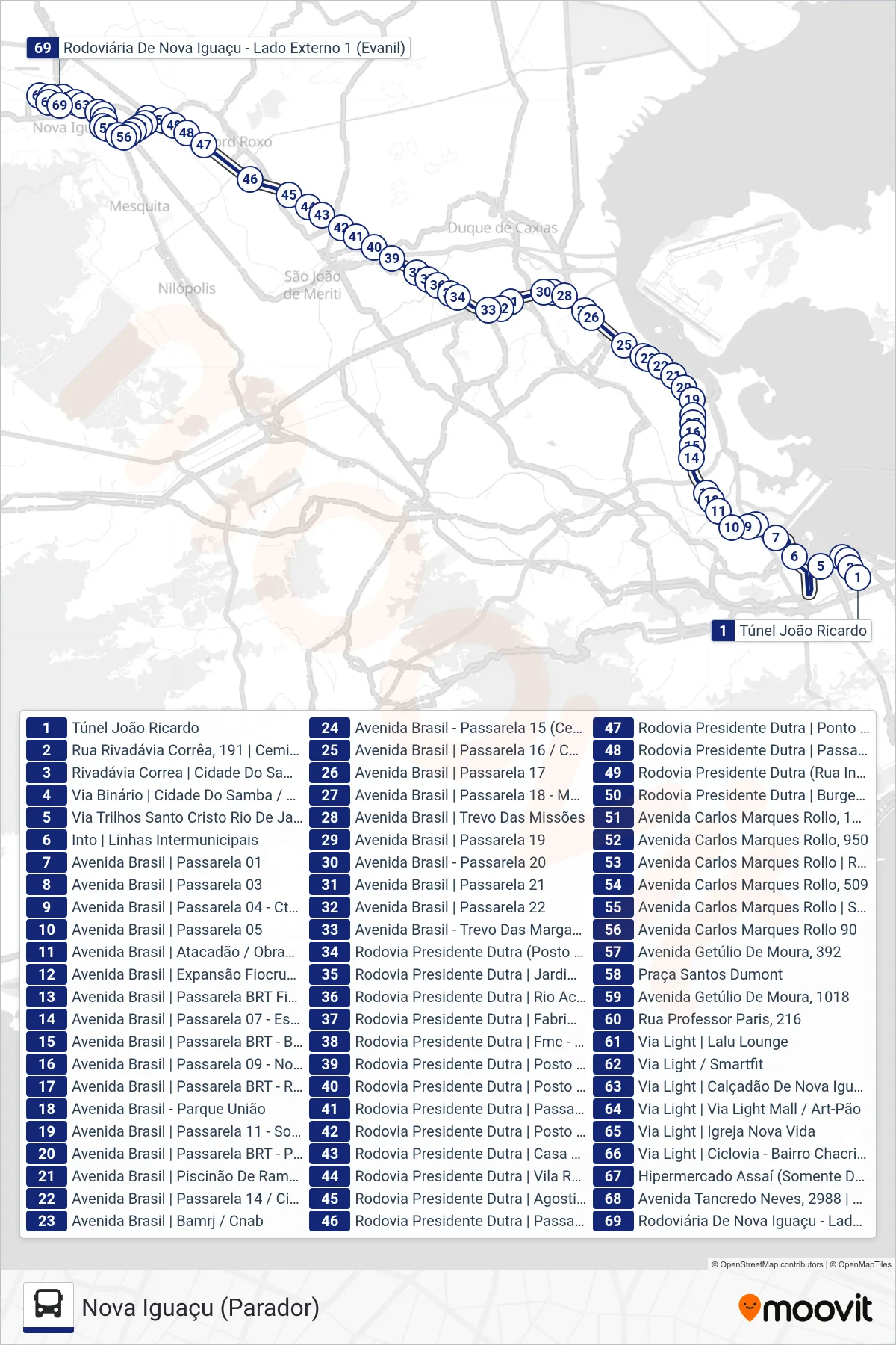 Rota e paradas da linha de ônibus 114B (Nova Iguaçu (Parador)) no mapa