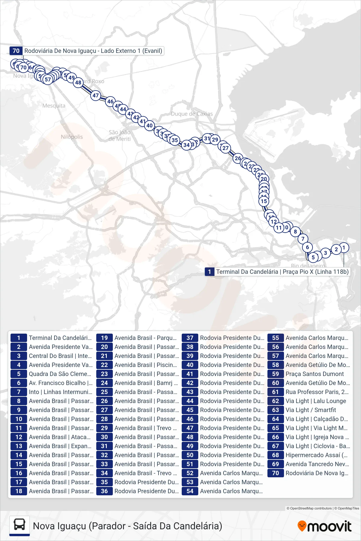 Rota e paradas da linha de ônibus  114B  (Nova Iguaçu (Parador - Saída Da Candelária)) no mapa